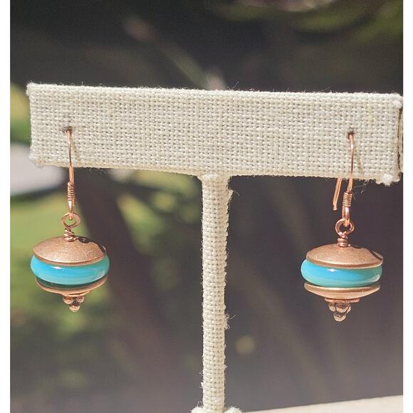 Vintage Turquoise Glass Beads Burnished Copper Disc. Earrings - Picture 4 of 4